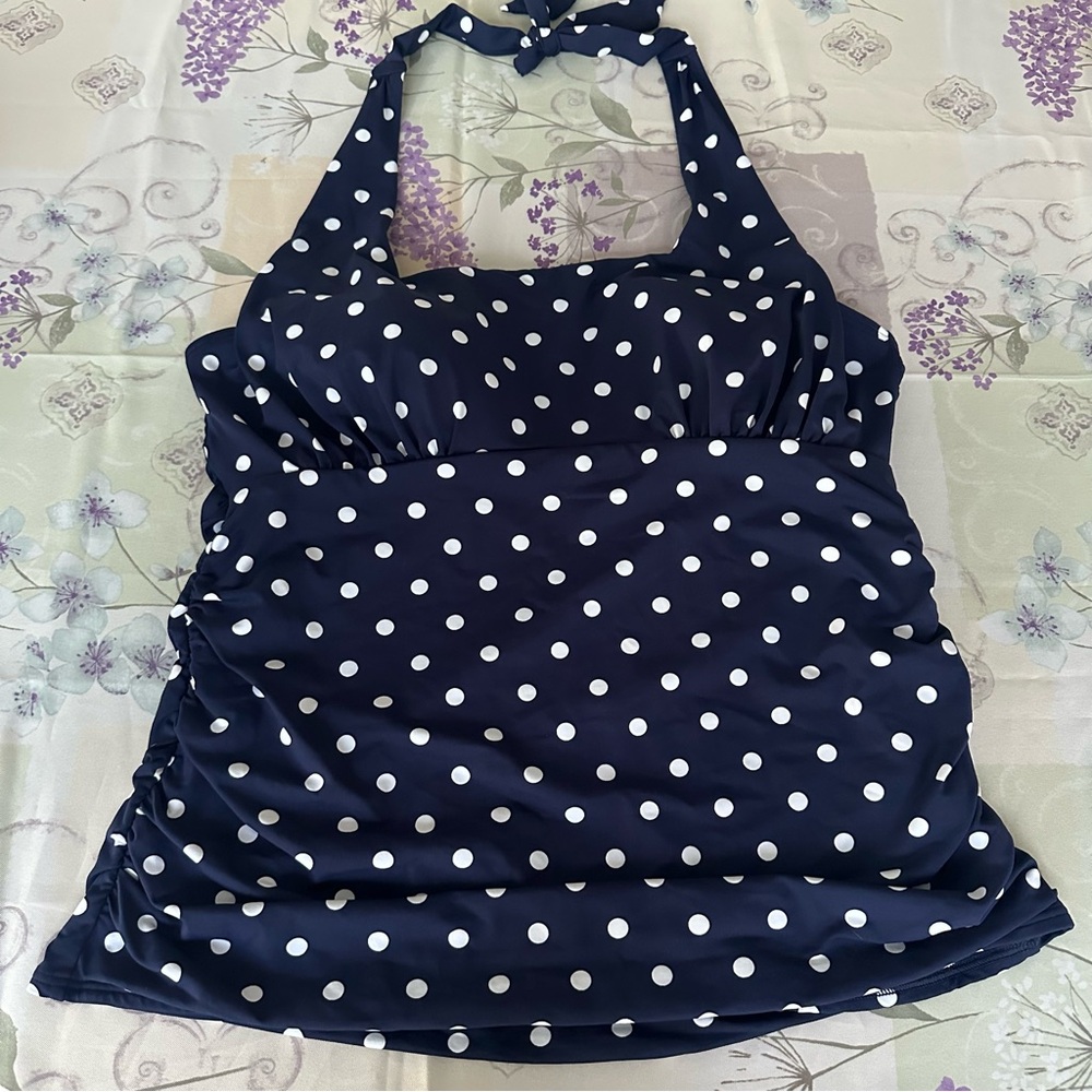 Land’s End Navy Halter Swim Top Polka Dot Ruched Sz 16P